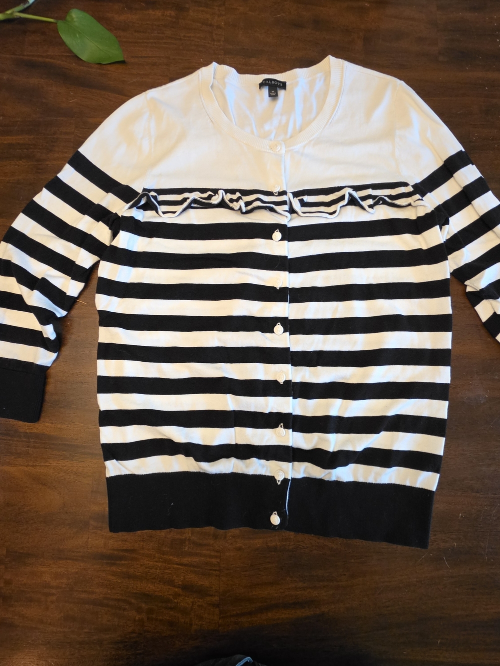 Talbots Black & White Striped Ruffle-Trim Cardigan